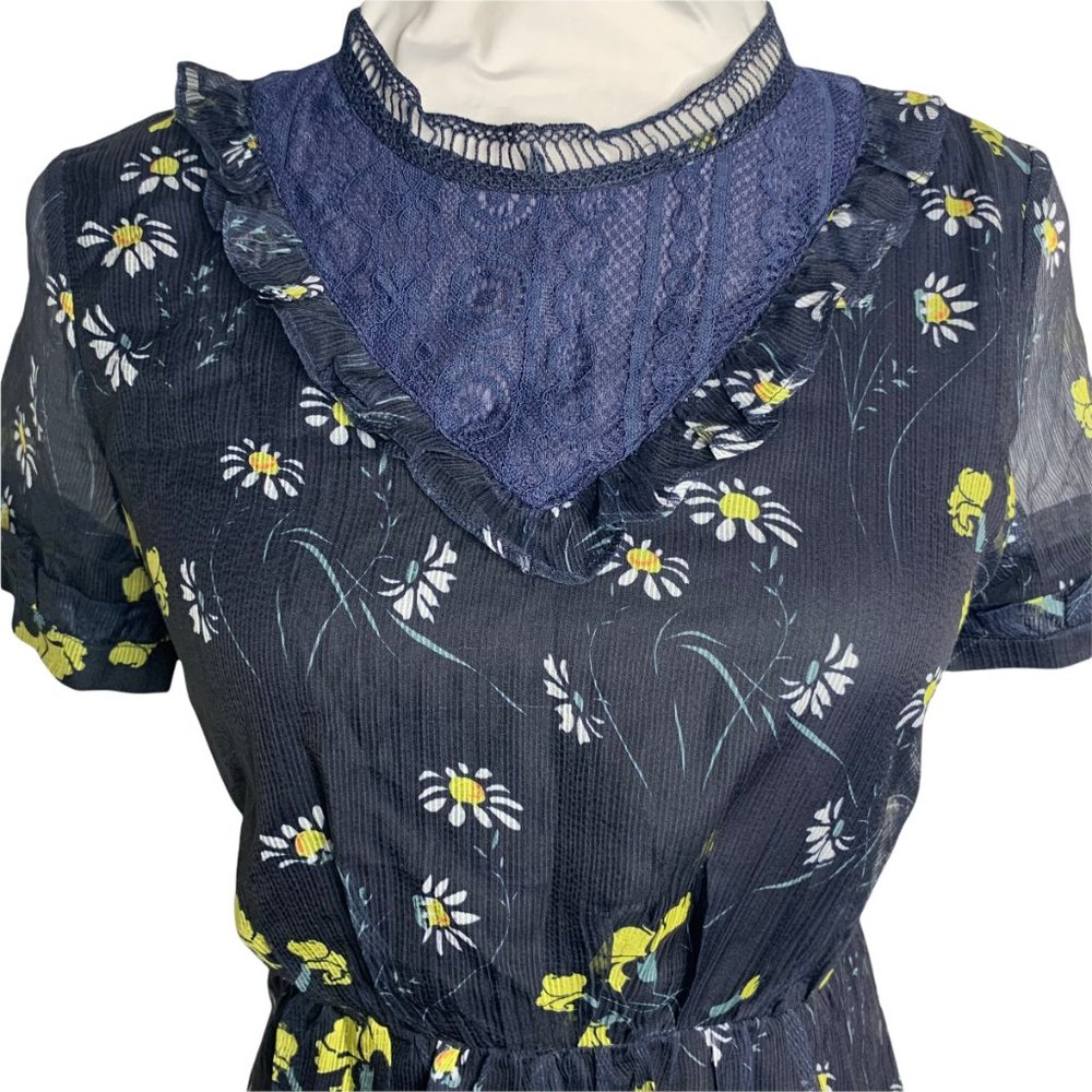 EzPopsy Floral Skater Dress S Blue Sheer Lined Lace Side Zip Elastic Waist 26PE - Picture 2 of 5